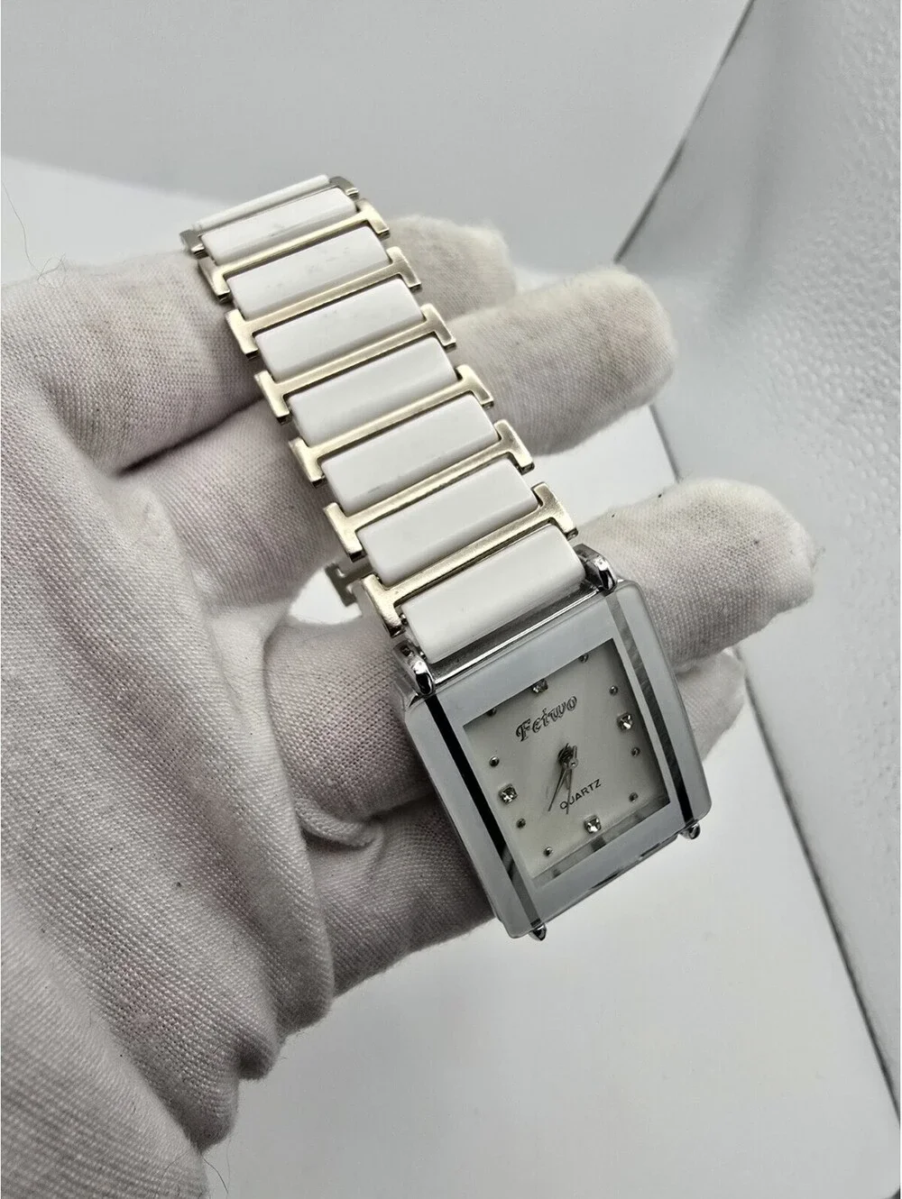 Feiwo Rectangular Quartz Watch White Ceramic Style Bracelet Crystal Markers